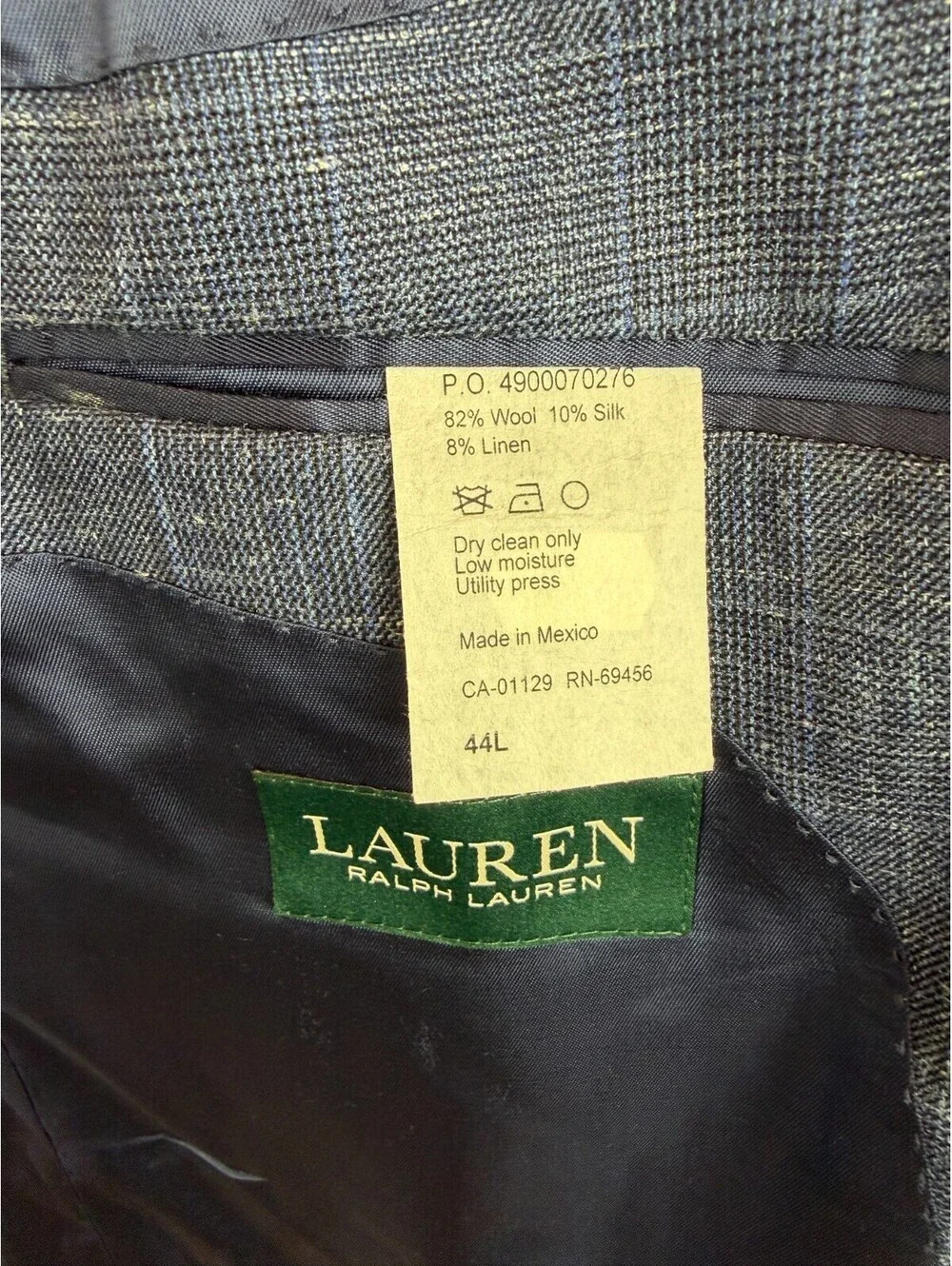 RALPH LAUREN LAUREN blue check wool silk linen mens jacket blazer 44L NWOT